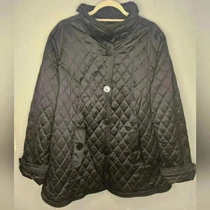 Jones New York Black Silky Diamond Quilted Mid-Length Jacket Old Money Plus 1X